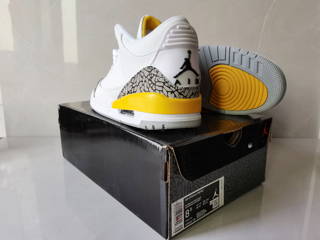 Air Jordan 3 Retro White and Yellow Sneakers - product image from the listing.
