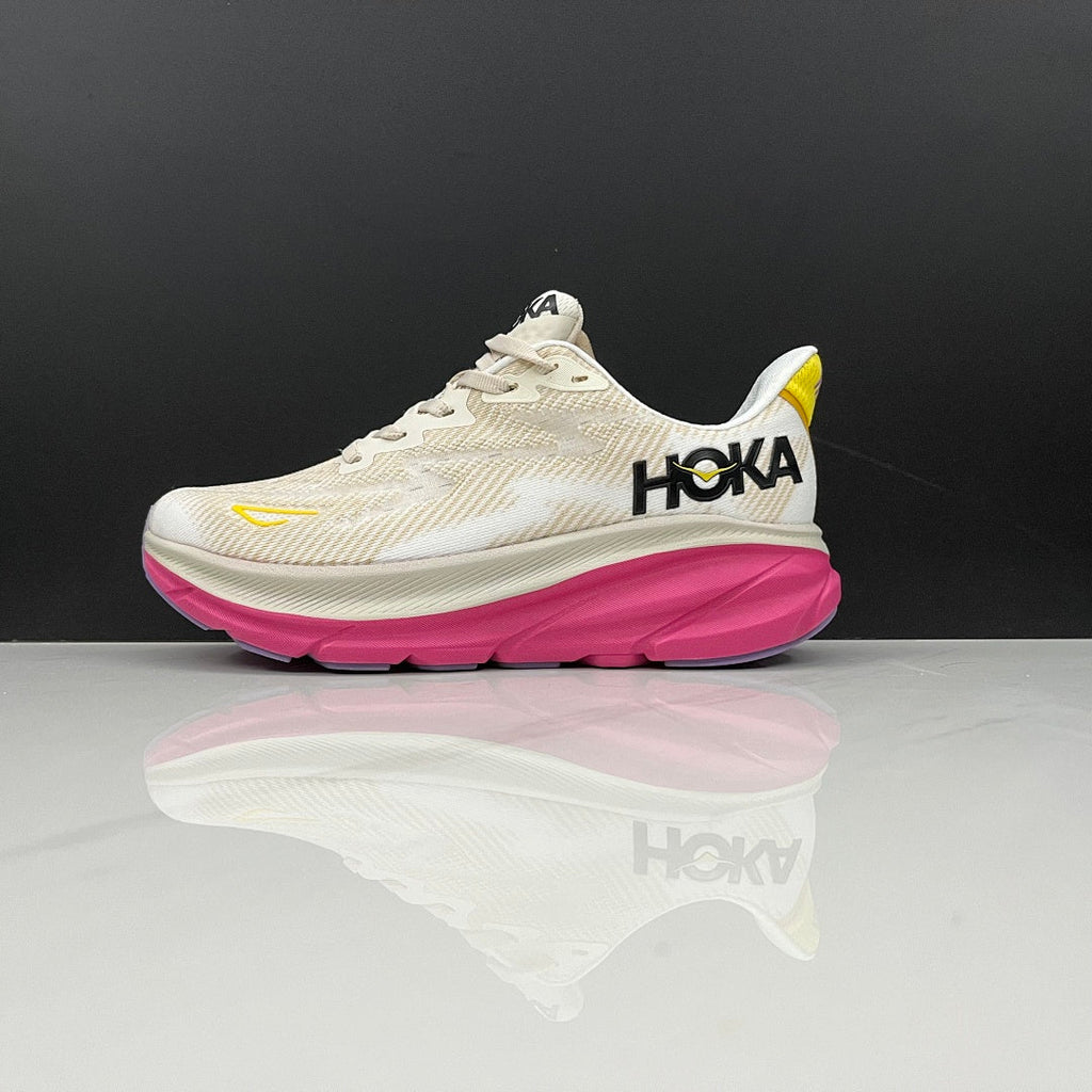Ivory and Pink HOKA Clifton 9 Running Shoes - product image from the listing.