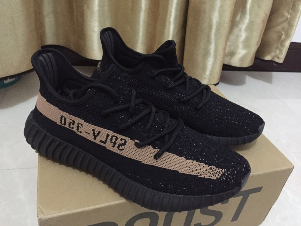 Black and Beige Yeezy 350 V2 Knit Sneakers - product image from the listing.