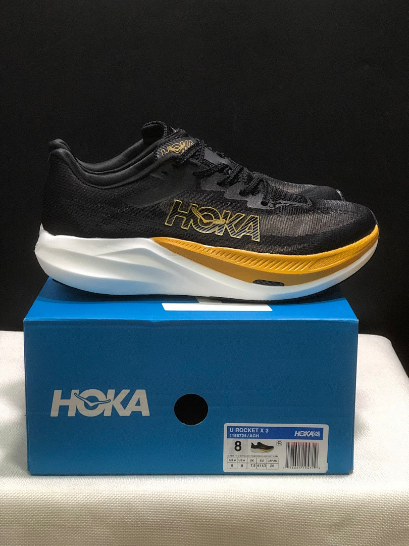 Black and Gold HOKA Rocket X 3 Running Shoes - product image from the listing.