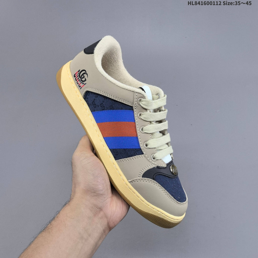 Beige and Navy Gucci Screener Distressed Low-Top Sneakers - product image from the listing.