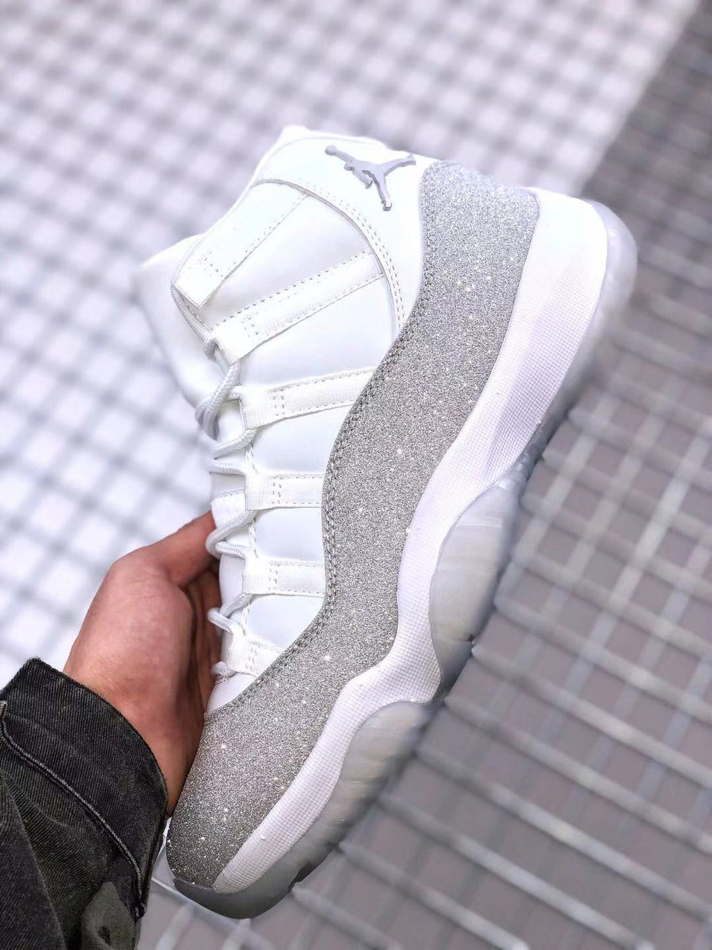 Air Jordan 11 White Glitter High-Top Sneakers - product image from the listing.