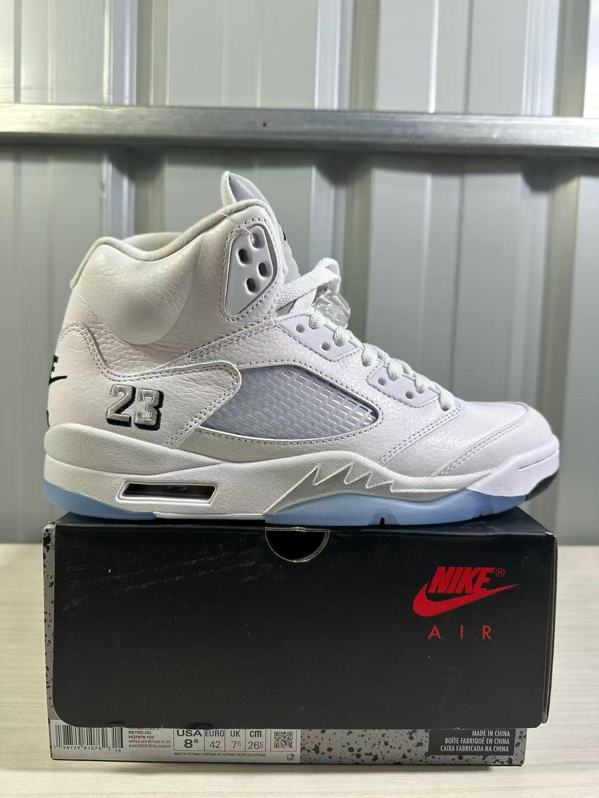 Air Jordan 5 Sneakers in White Silver HQ7978-103 - product image from the listing.