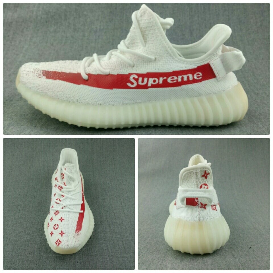 Yeezy 350 V2 Low-Top Sneakers in White and Red - product image from the listing.