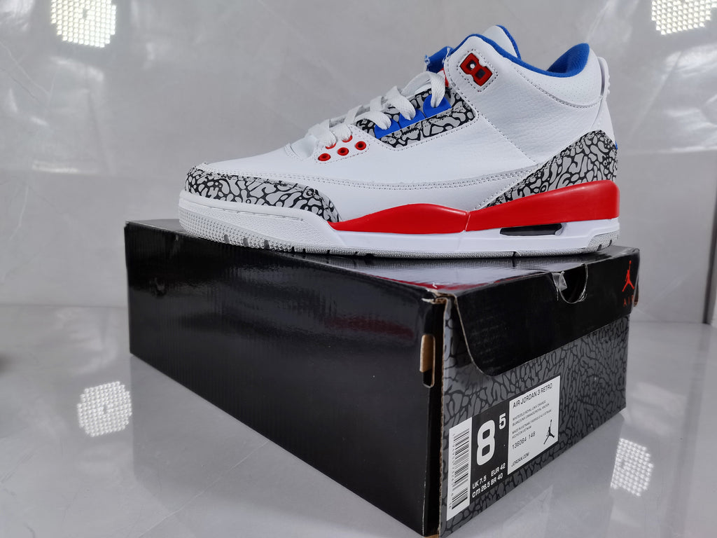 White Red Blue Elephant Print Sneakers - Jordan 3 Retro - product image from the listing.
