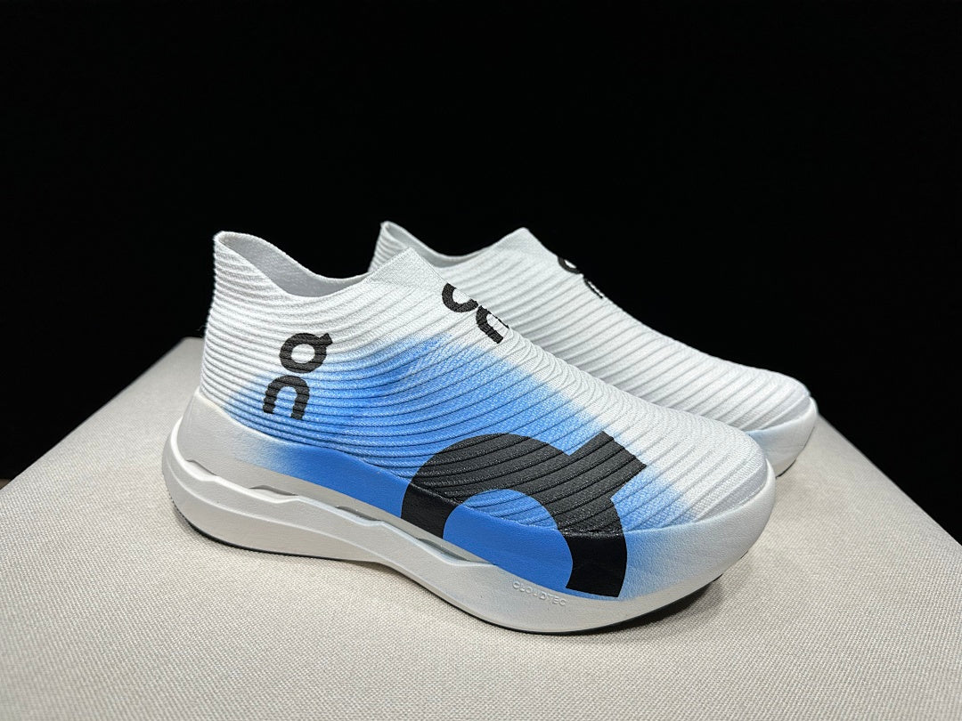 On Cloudboom Strike LS Running Shoes, in White and Blue - product image from the listing.