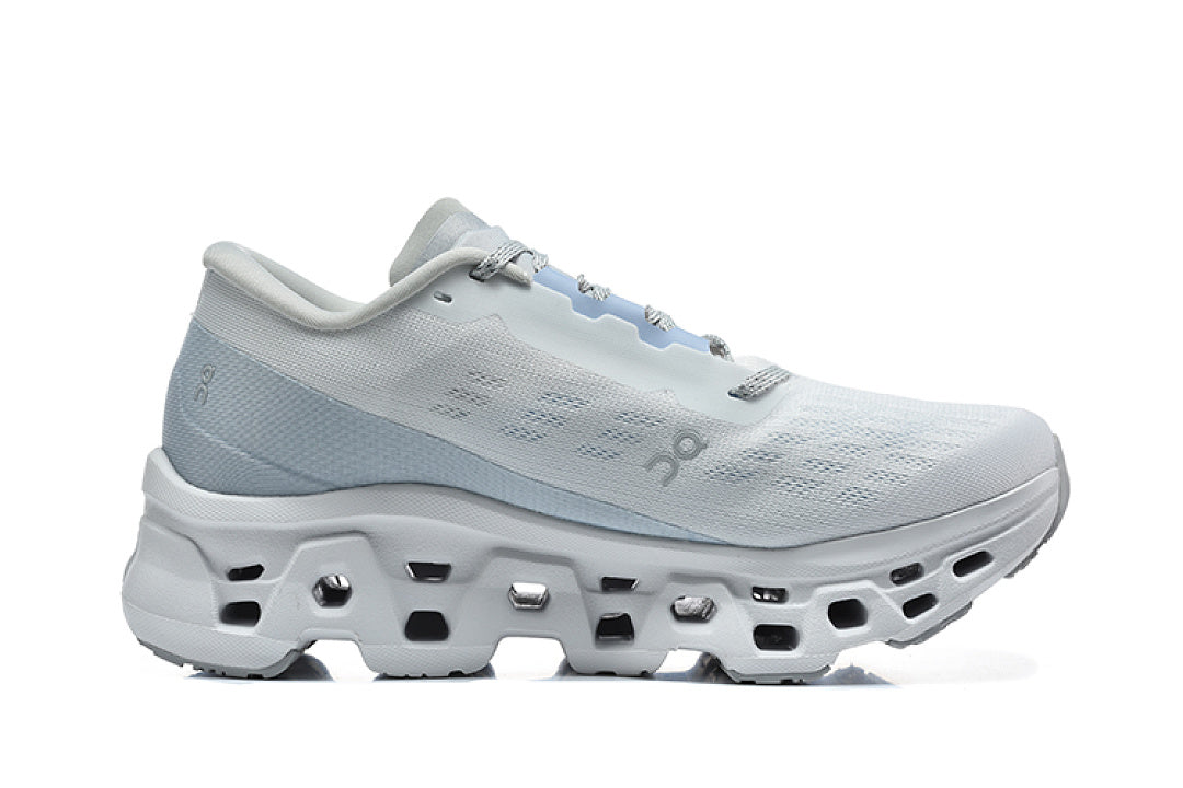 On Cloudmonster 3 Running Shoes in White and Light Blue - product image from the listing.