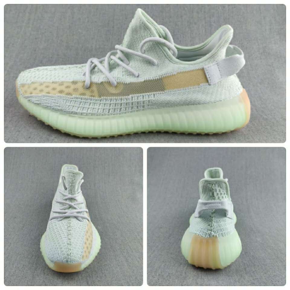 White and Tan Yeezy 350 V2 Knit Sneakers - product image from the listing.