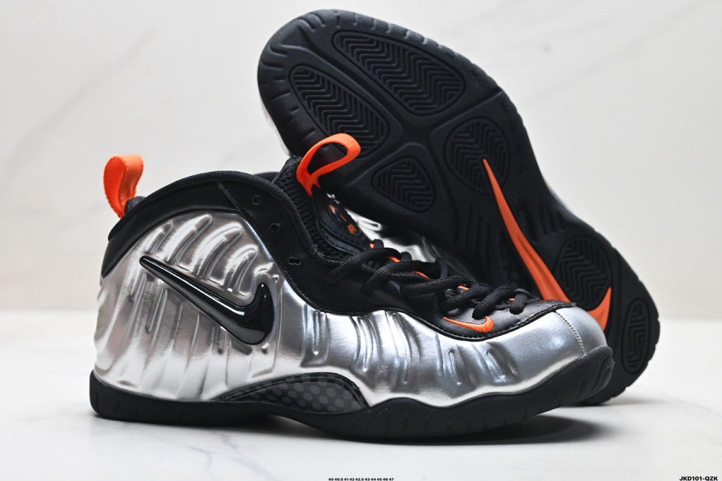 Nike Air Foamposite Max Sneakers in Black Silver Orange - product image from the listing.