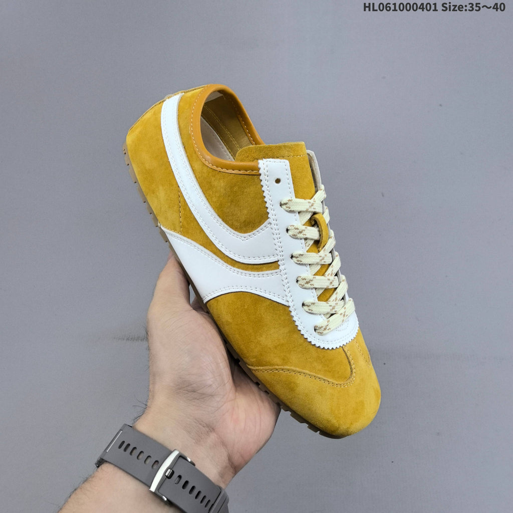 Women's GG Yellow and White Suede-Style Lace-Up Sneakers - product image from the listing.