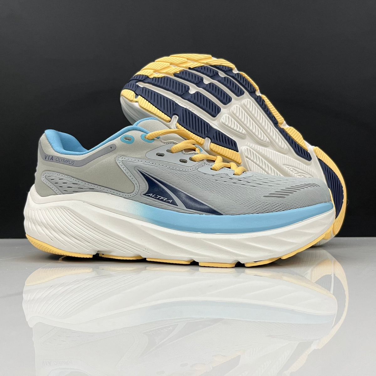 ALTRA Via Olympus Road Running Shoes, in Gray Blue Yellow - product image from the listing.