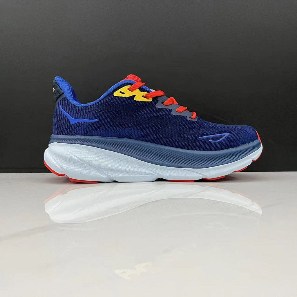 HOKA Clifton 9 Running Shoes in Navy, in Red and Yellow - product image from the listing.