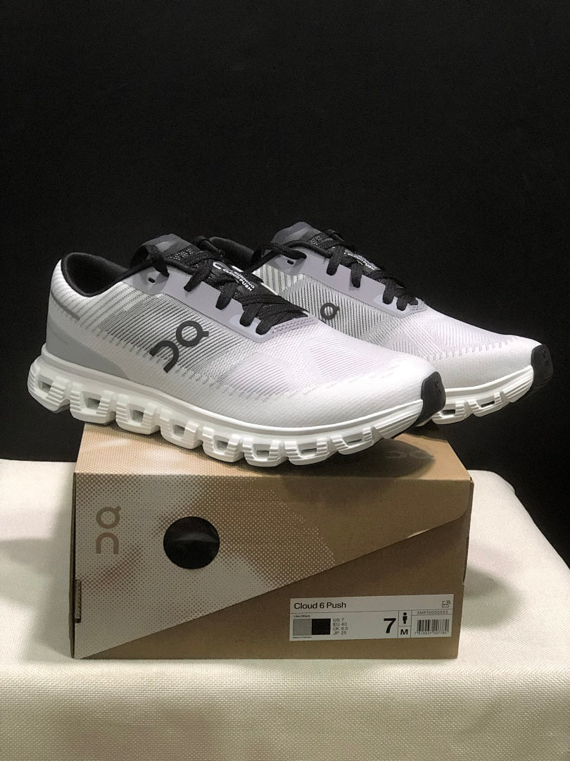 On Cloud 6 Push Sneakers in White Grey Black - product image from the listing.