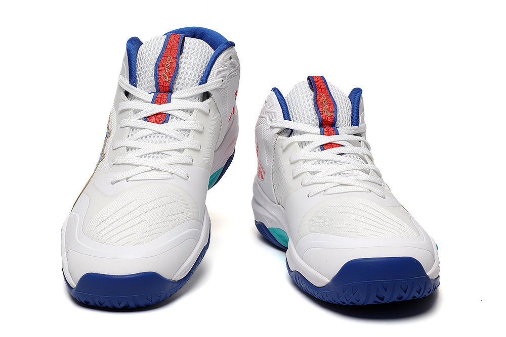 ASICS White and Blue Indoor Court Trainers - product image from the listing.