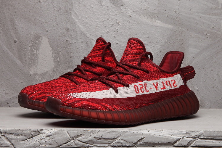 Yeezy 350 V2 Burgundy Zebra Sneakers in Knit - product image from the listing.
