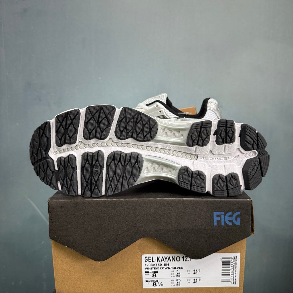 ASICS GEL-KAYANO 12.1 Sneakers in White Brown Silver 1203A759-104 - product image from the listing.