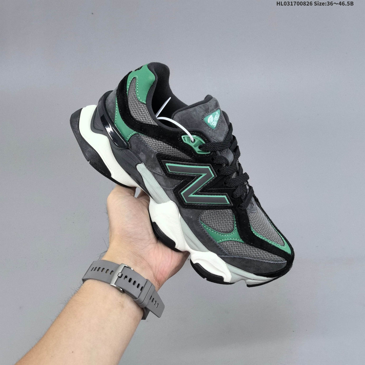 Charcoal and Green New Balance 9060 Sneakers - product image from the listing.