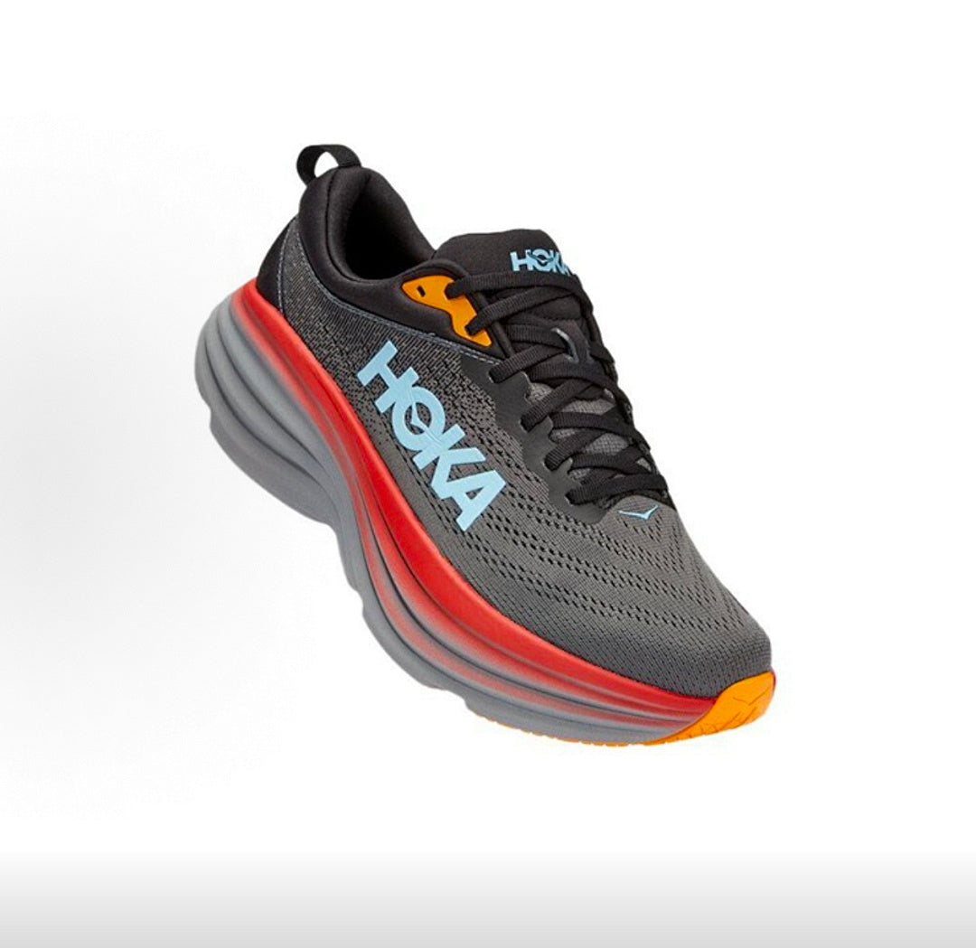 HOKA Bondi 8 Running Shoes, in Black Gray and Red - product image from the listing.