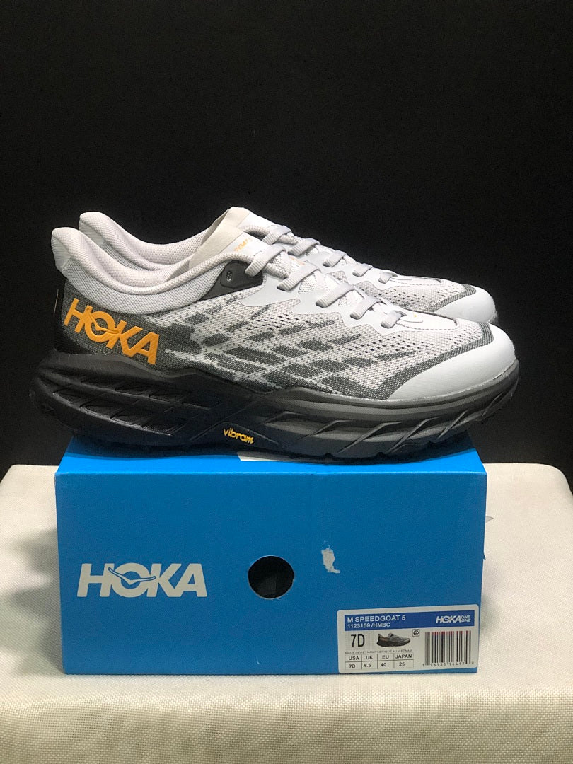 HOKA Speedgoat 5 Trail Running Shoes in White Gray - product image from the listing.