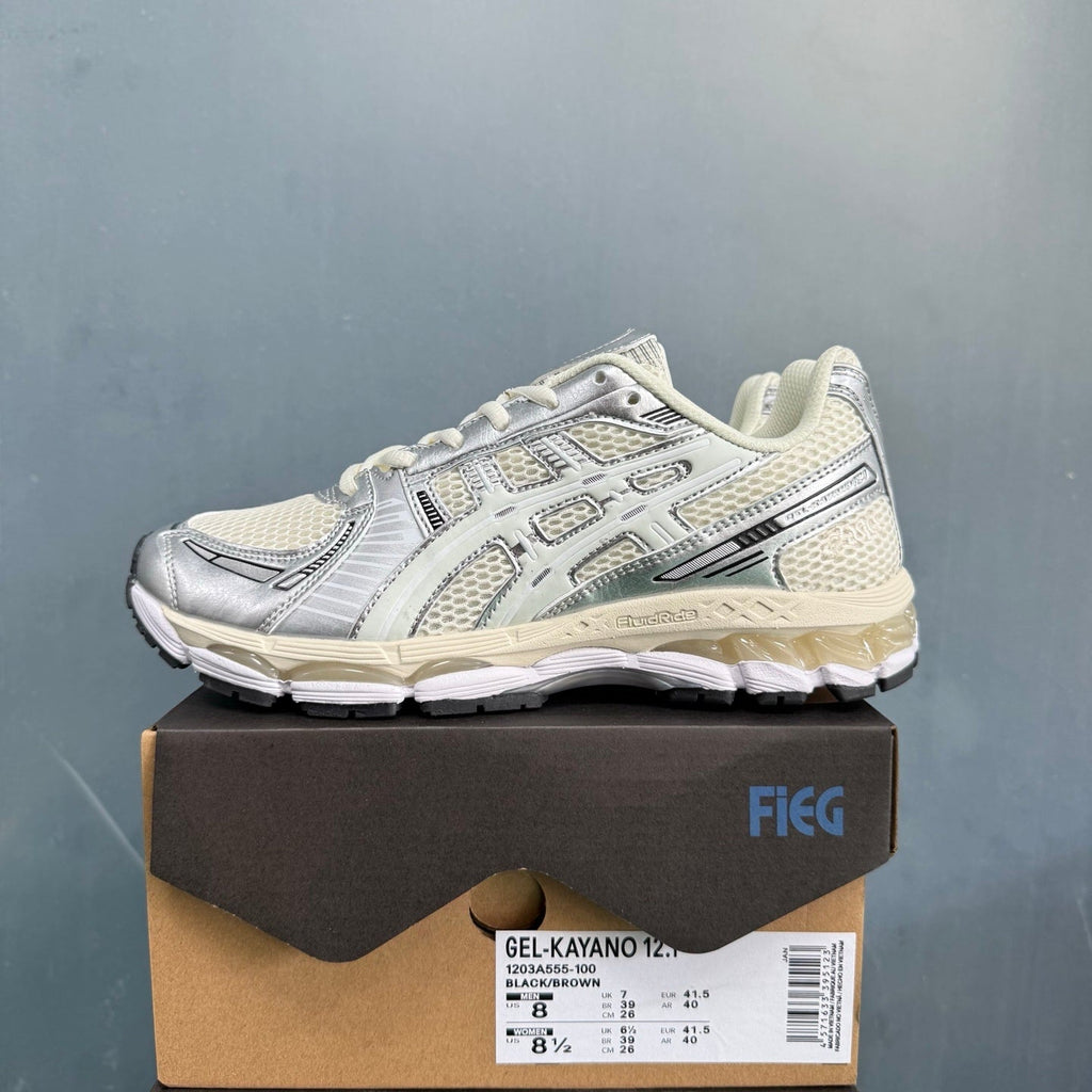 ASICS Gel-Kayano 12.1 Sneakers in Silver and Brown 1203A555-100 - product image from the listing.