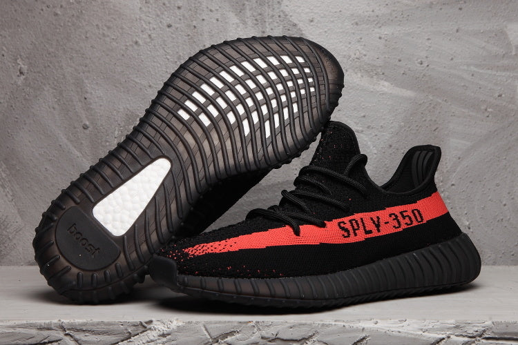 Yeezy 350 V2 Sneakers in Black and Red Knit - product image from the listing.