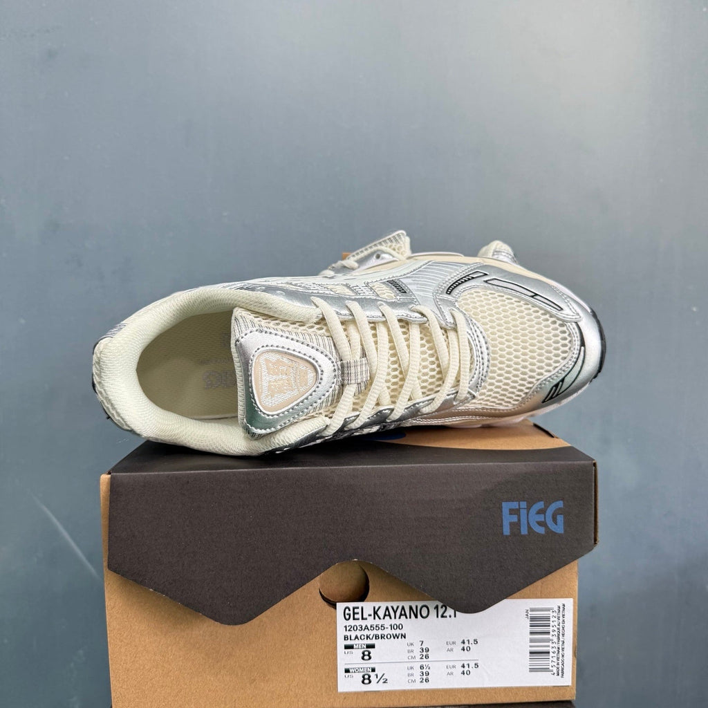 ASICS Gel-Kayano 12.1 Sneakers in Silver and Brown 1203A555-100 - product image from the listing.