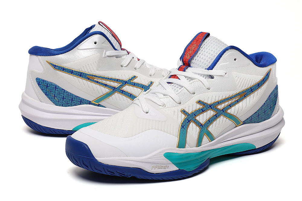 ASICS White and Blue Indoor Court Trainers - product image from the listing.