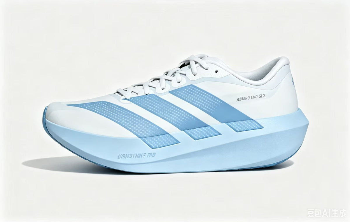 Adidas Adizero Evo SL Running Shoes in White and Light Blue - product image from the listing.