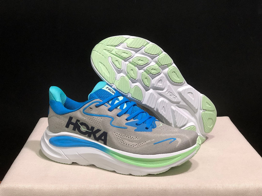 Gray and Blue HOKA Clifton 10 Running Shoes - product image from the listing.