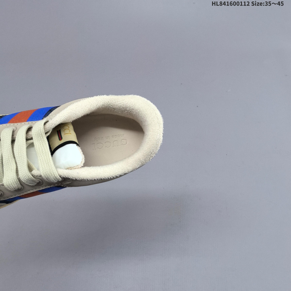 Beige and Navy Gucci Screener Distressed Low-Top Sneakers - product image from the listing.
