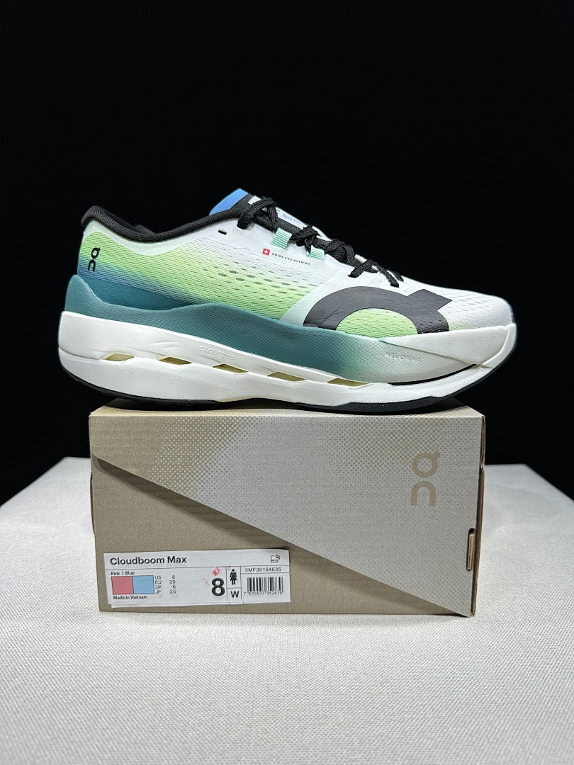 On Cloudboom Max Running Shoes, in White and Green - product image from the listing.