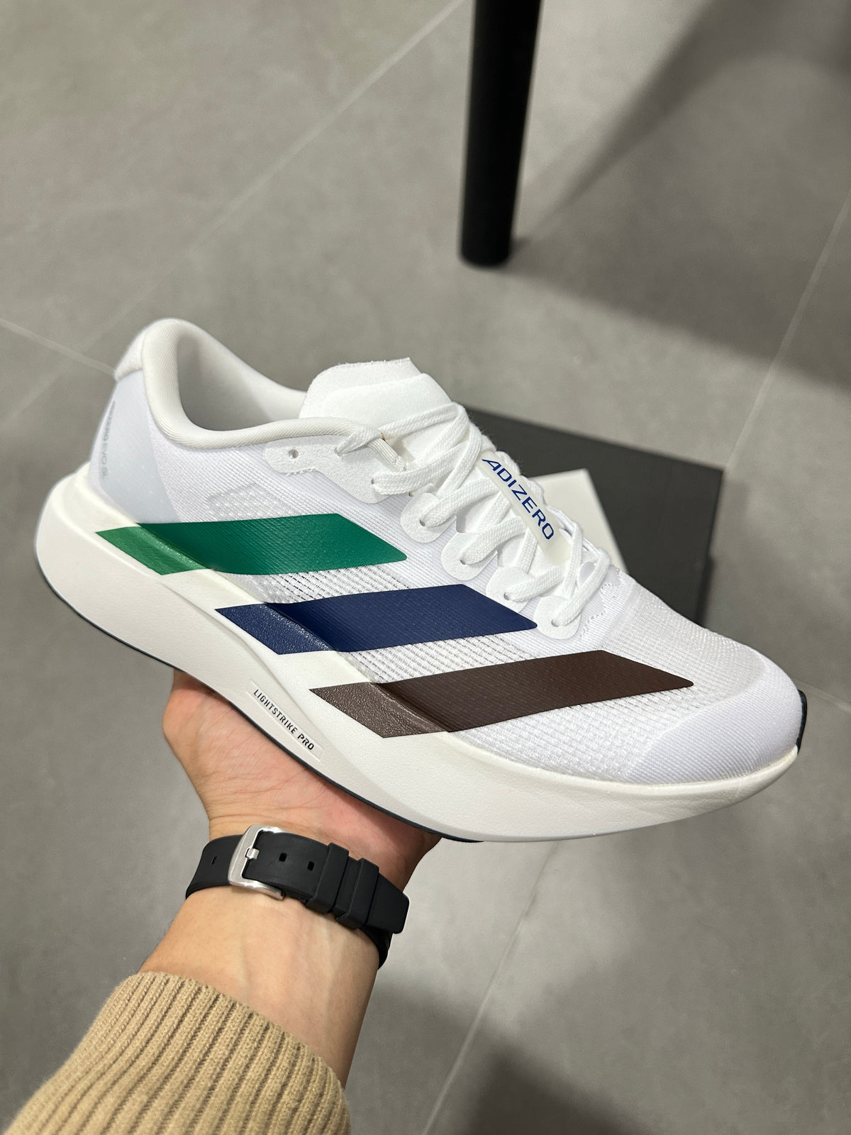 adidas Adizero Lightstrike Pro Running Shoes in White Green Navy - product image from the listing.