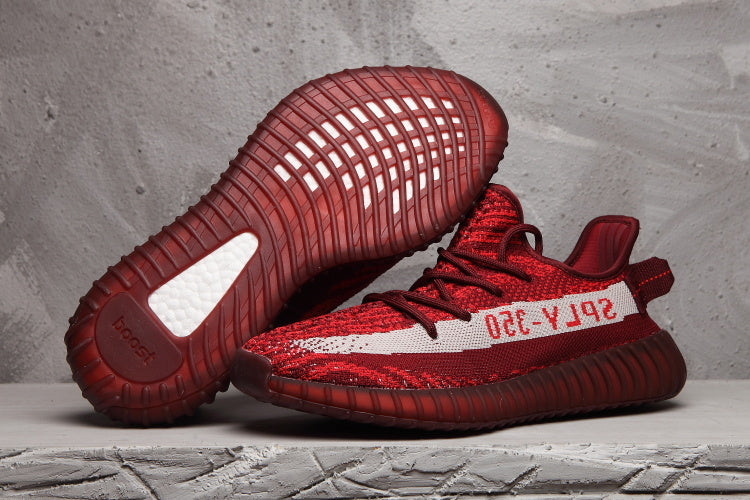 Yeezy 350 V2 Burgundy Zebra Sneakers in Knit - product image from the listing.