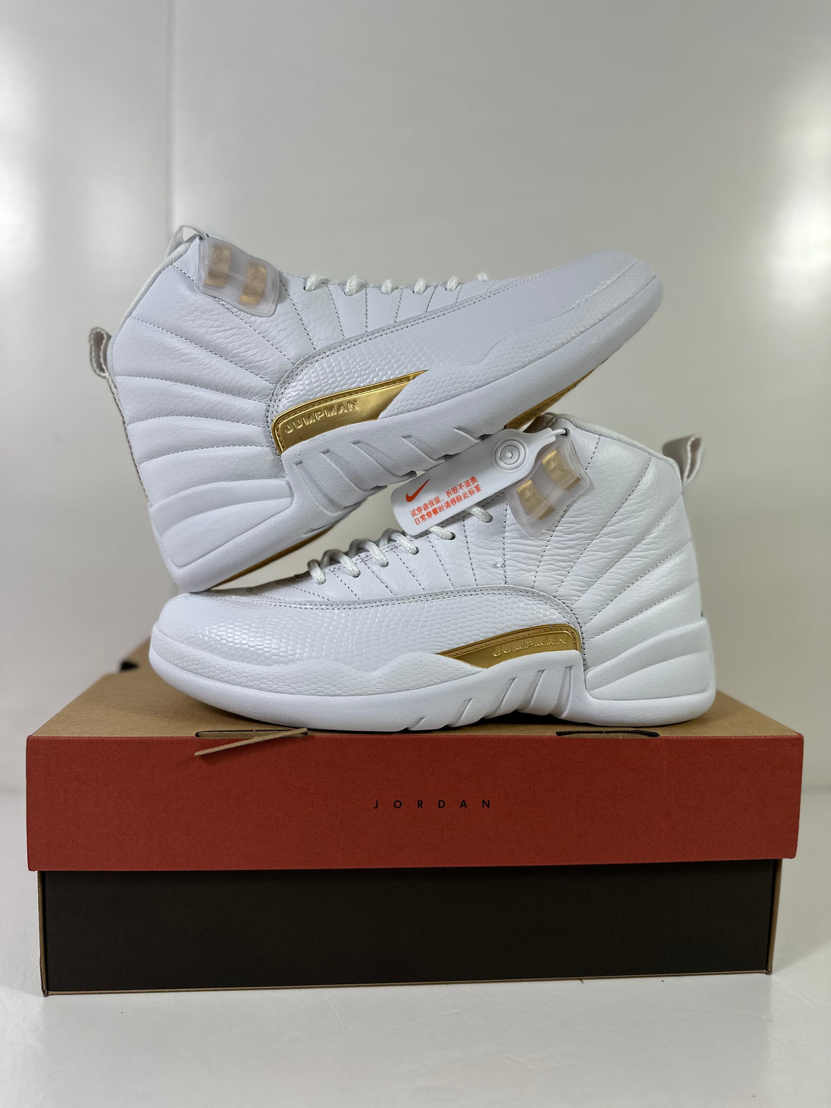 Air Jordan 12 Phantom White Metallic Gold Sneakers FD9101-007 - product image from the listing.