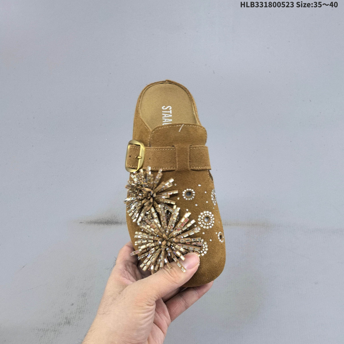 Brown Embellished Backless Slip-On Clogs with Buckle - product image from the listing.