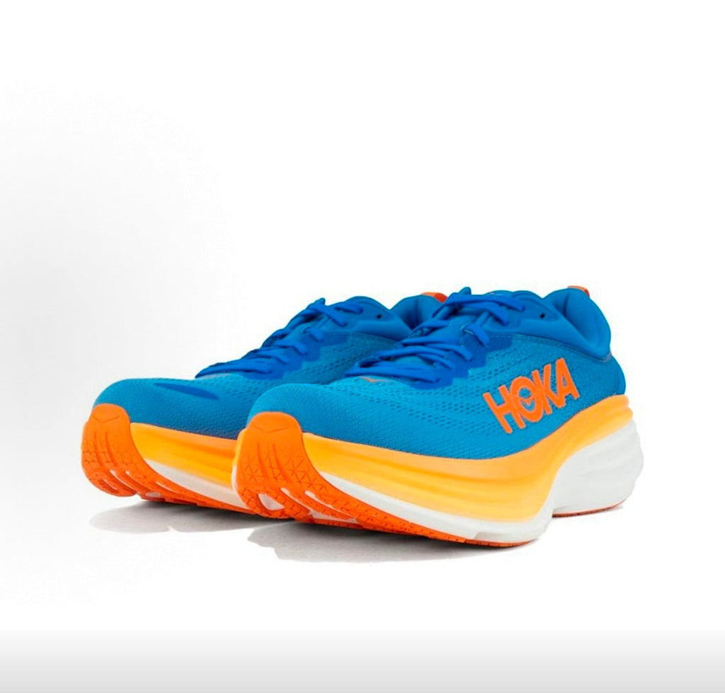 HOKA Bondi 8 Running Shoes in Blue and Orange - product image from the listing.