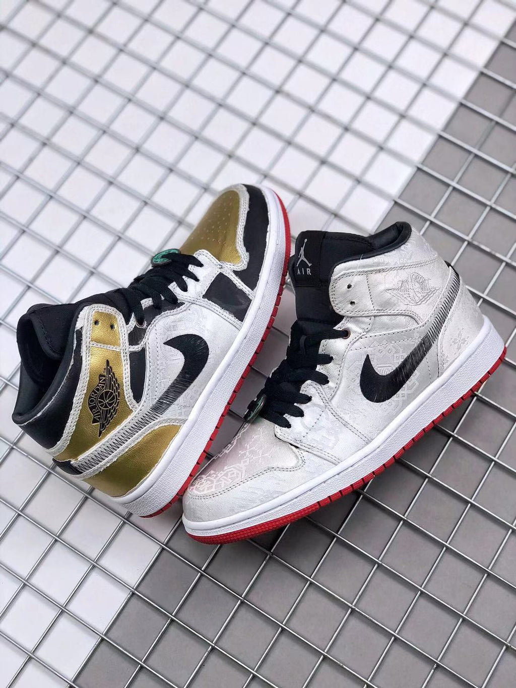 Air Jordan 1 Mid Edison Chen White Black Gold Sneakers - product image from the listing.