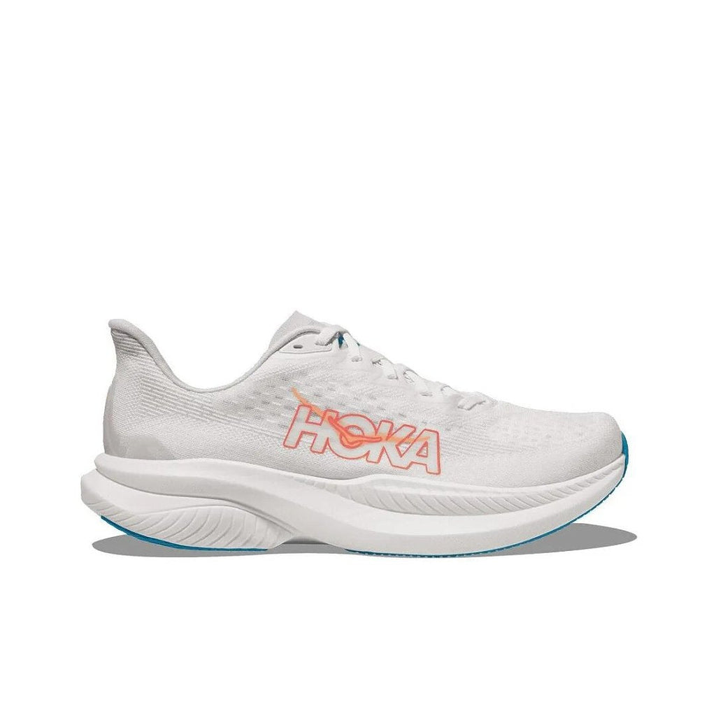 HOKA Mach 6 Running Shoes, White with in Coral and Blue - product image from the listing.