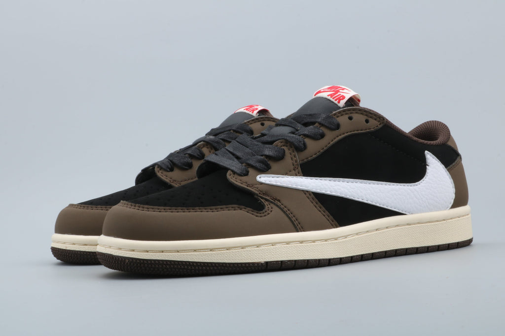 Black and Brown Sneakers with White Swoosh - Jordan 1 Low - product image from the listing.