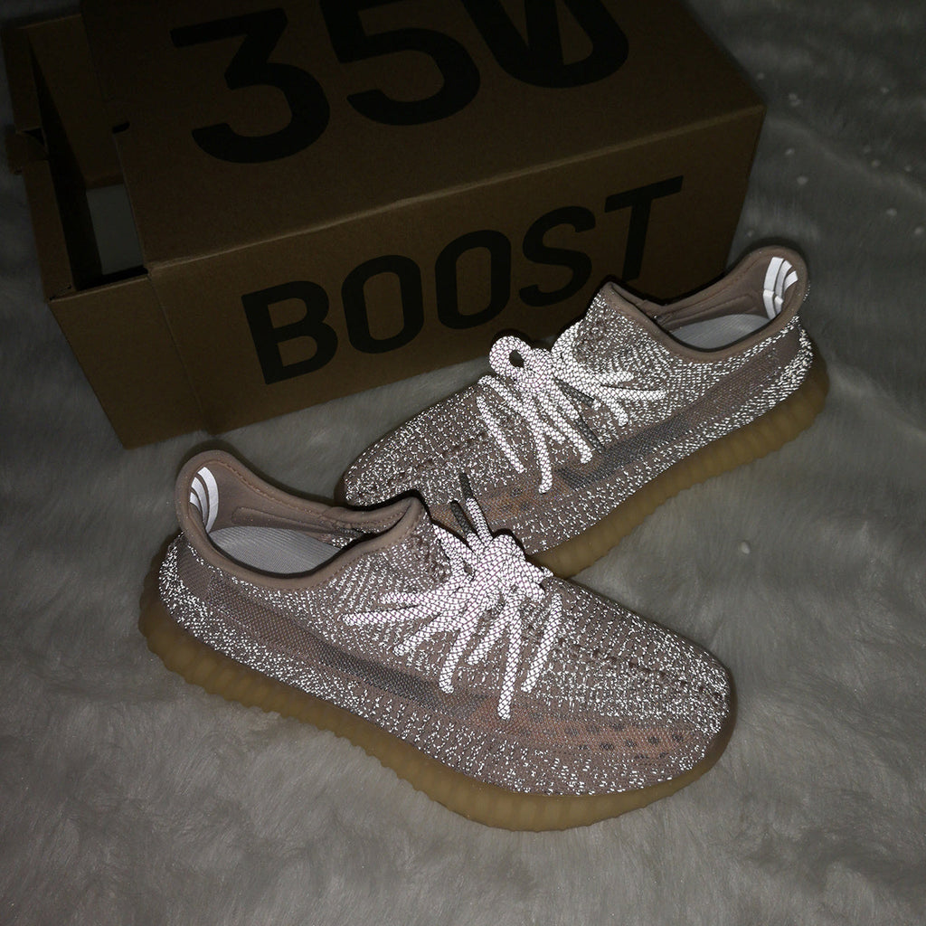 Light Gray and Tan Yeezy 350 V2 Knit Sneakers - product image from the listing.