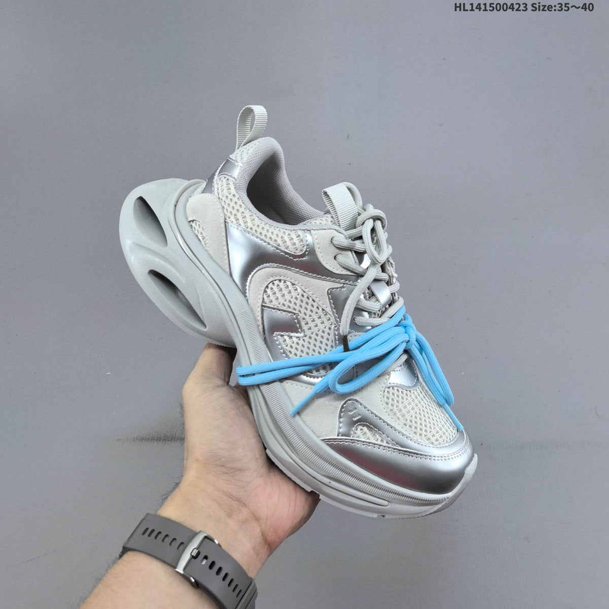 GG-CC Retro Low-Top Sneakers, Chunky Sole, in White and Silver - product image from the listing.