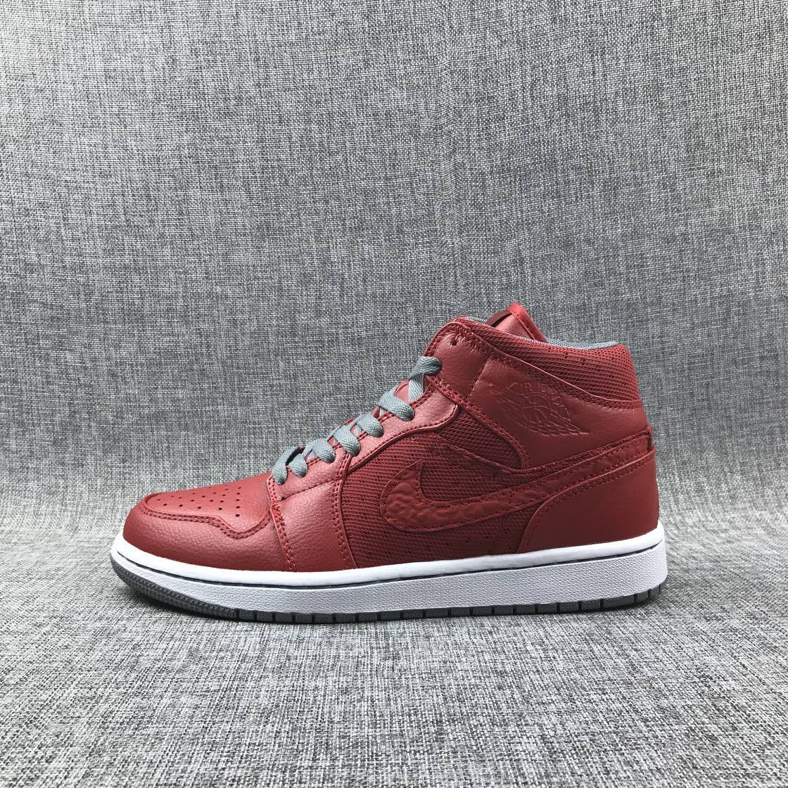 Red and Grey Jordan 1 Mid High-Top Sneakers - product image from the listing.
