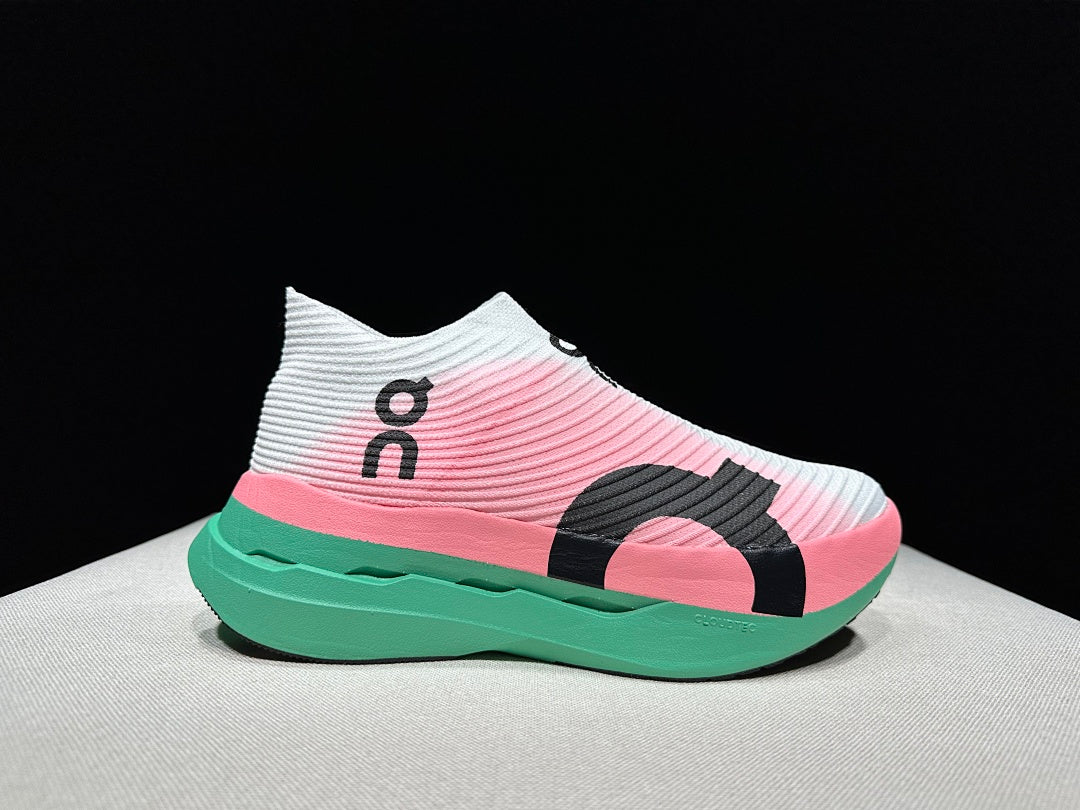 On Cloudboom Strike LS Running Shoes, in White Pink Green - product image from the listing.