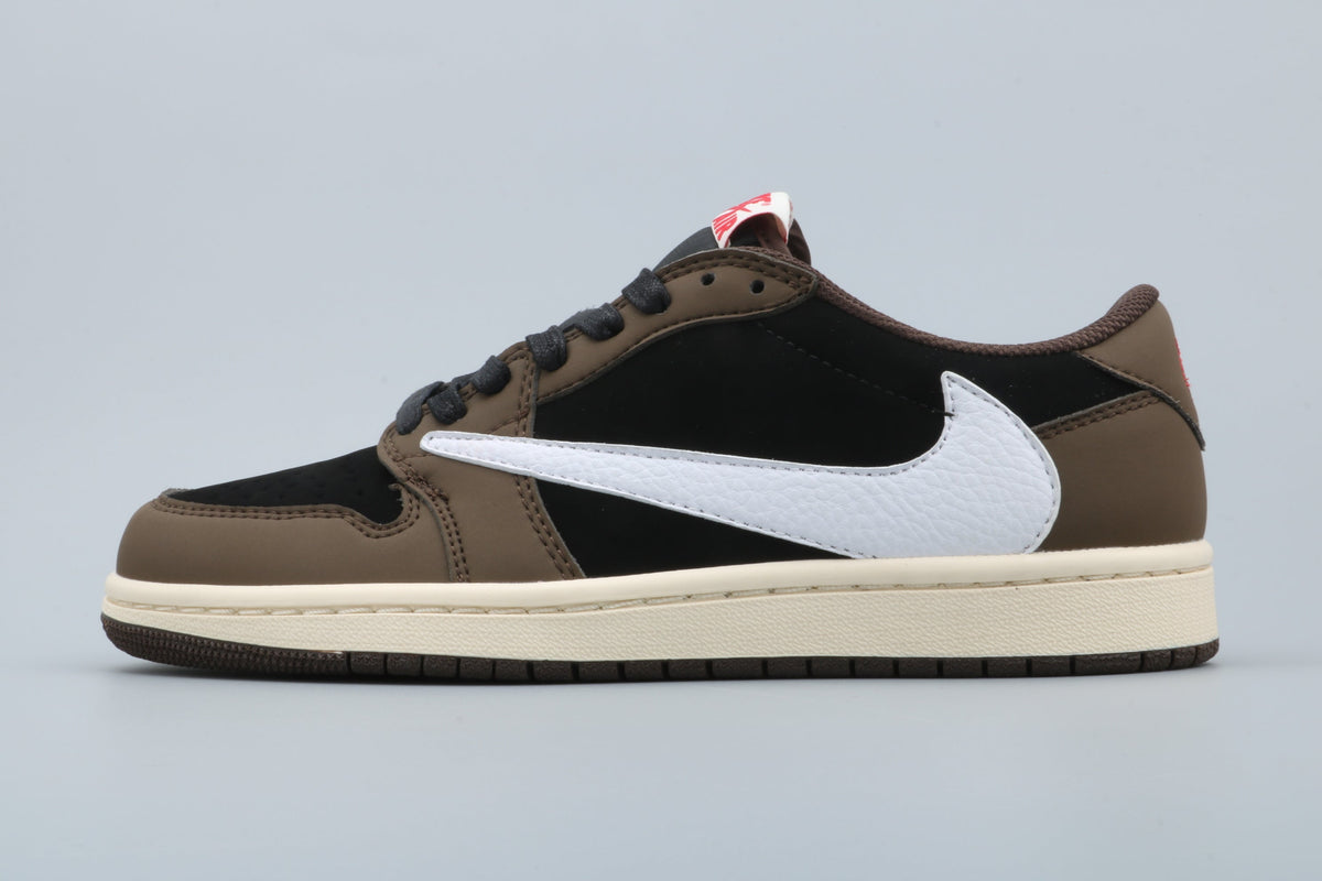 Black and Brown Sneakers with White Swoosh - Jordan 1 Low - product image from the listing.