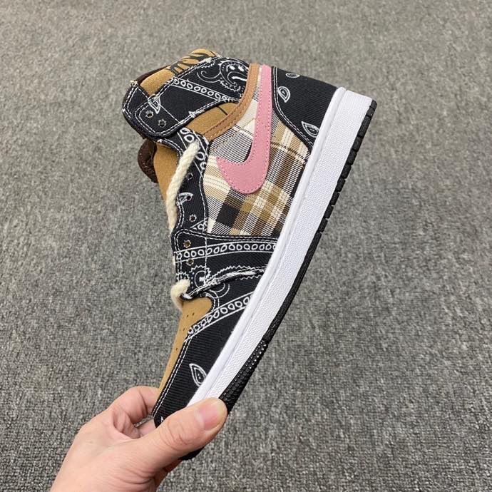 Jordan 1 Mid Paisley Sneakers in Black Tan Pink White - product image from the listing.