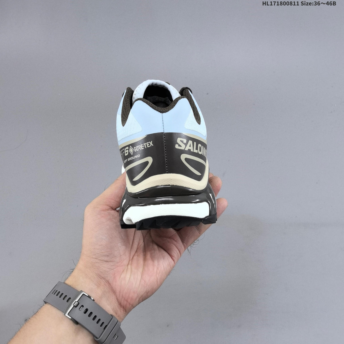 Salomon XT-6 GTX Trail Running Shoes, in Ice Blue and Black - product image from the listing.