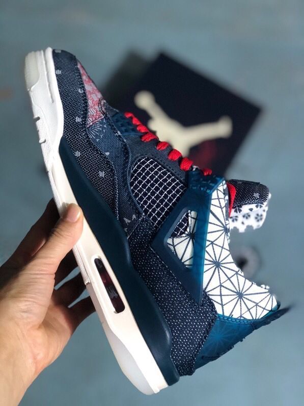 Jordan 4 Sashiko-Style Embroidered Sneakers in Navy - product image from the listing.