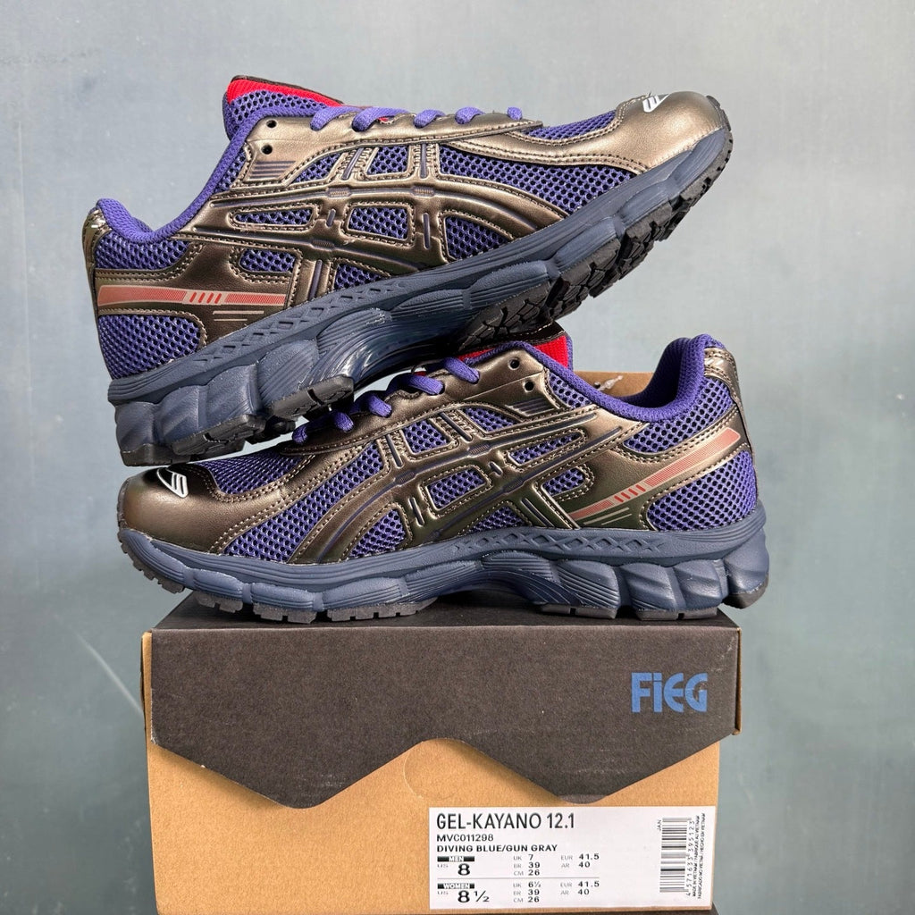 ASICS GEL-KAYANO 12.1 Blue and Gunmetal Trainers - product image from the listing.