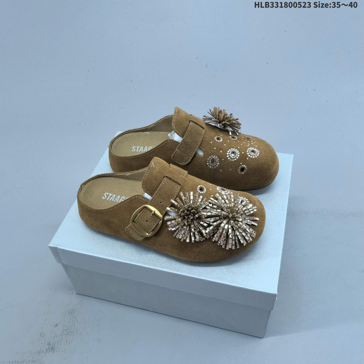 Brown Embellished Backless Slip-On Clogs with Buckle - product image from the listing.