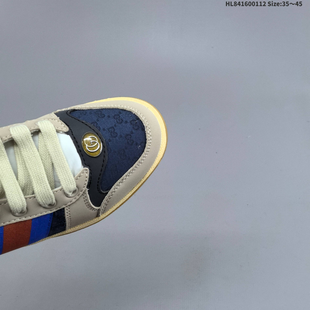 Beige and Navy Gucci Screener Distressed Low-Top Sneakers - product image from the listing.